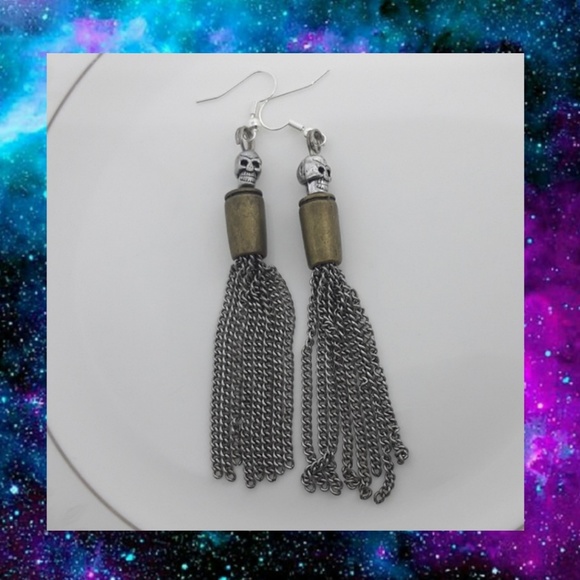 lmw0082 Jewelry - Steampunk Skull & Chain Tassel Earrings